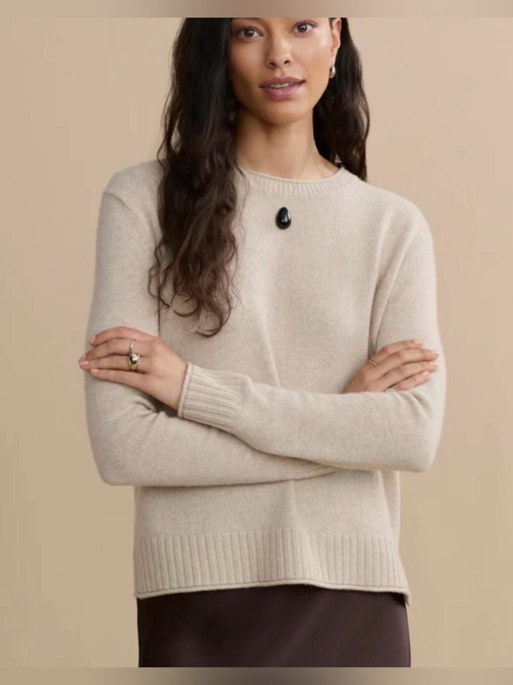 Jenni Kayne Neutral Beige Crewneck Cashmere-Blend Sweater